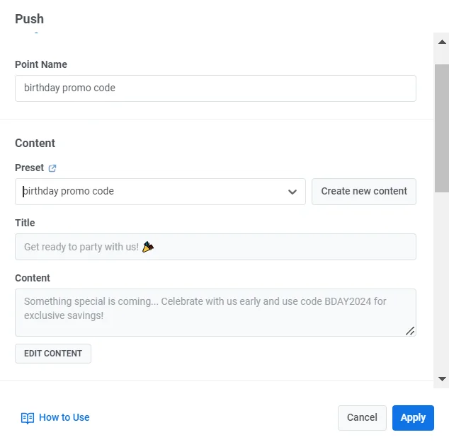 कैनवास पर व्यक्तिगत जन्मदिन-पूर्व प्रोमो संदेश और BDAY2024 कोड के साथ पुश एलिमेंट