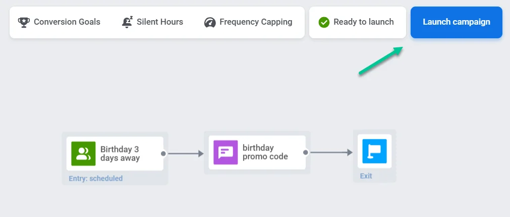 एनिवर्सरी कैंपेन जर्नी को सक्रिय करने के लिए लॉन्च कैंपेन बटन हाइलाइट किया गया है
