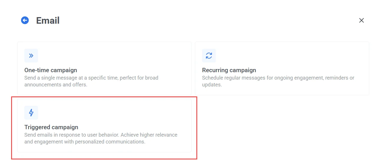 Interface do Customer Journey Builder mostrando o botão Create campaign com o canal Email e a opção Triggered Campaign
