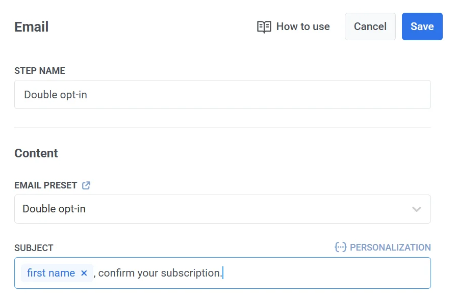 Elemento de e-mail na tela com a seção de Conteúdo mostrando um preset para o modelo de e-mail de confirmação de dupla inscrição