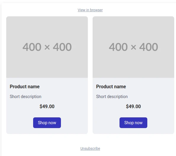Selected Products block on the email canvas showing a two-column grid of placeholder product cards