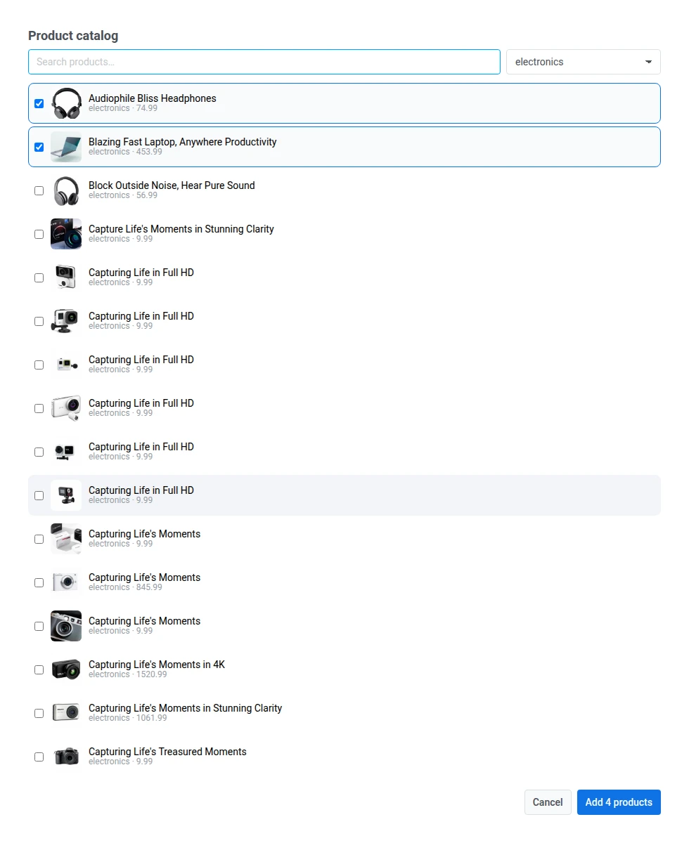 Pick from catalog dialog listing electronics products with checkboxes, a search field, and a category filter, with two headphones and laptop products checked