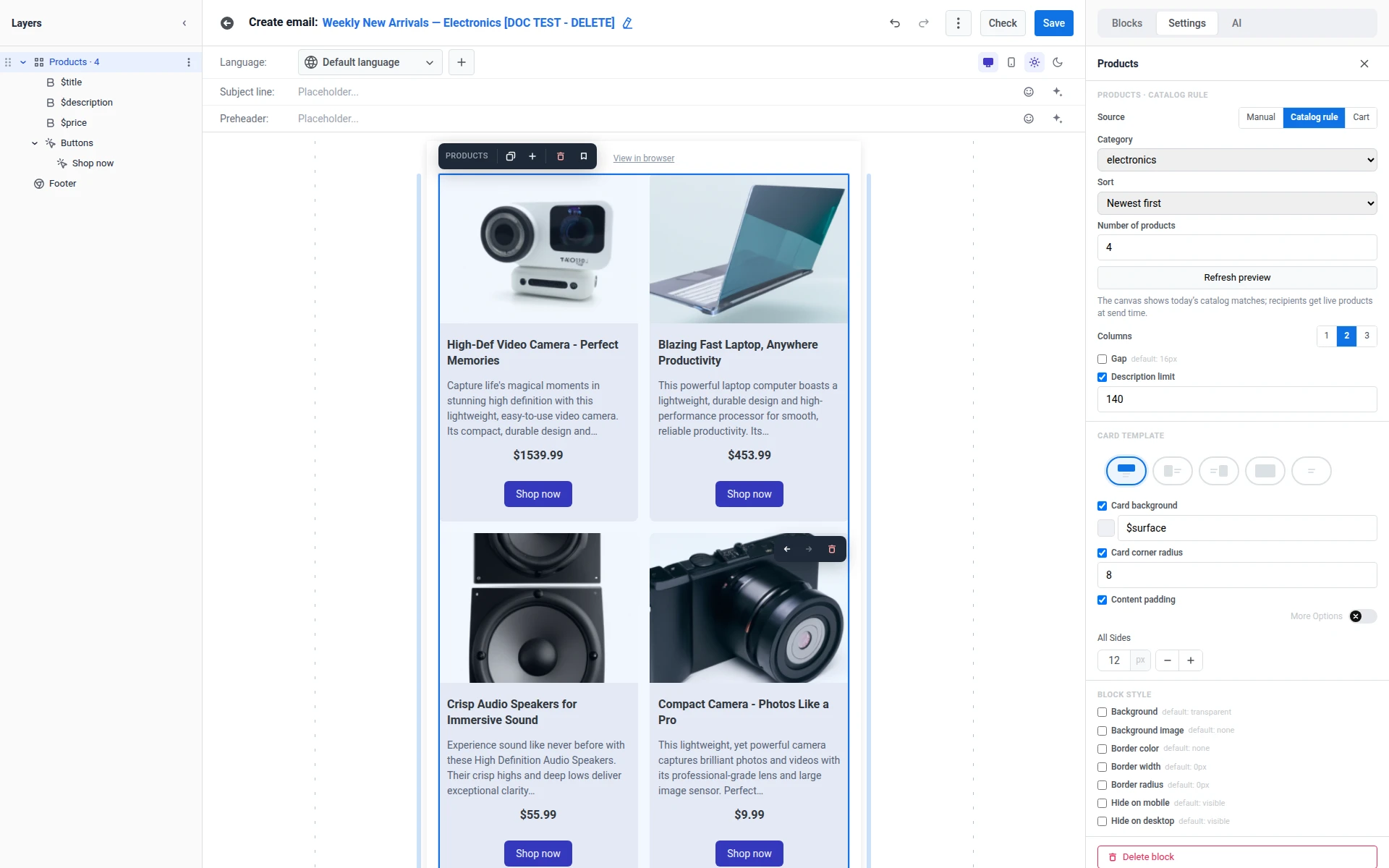Products block set to Catalog rule with Category set to electronics, Sort set to Newest first, and a live preview of four matching products
