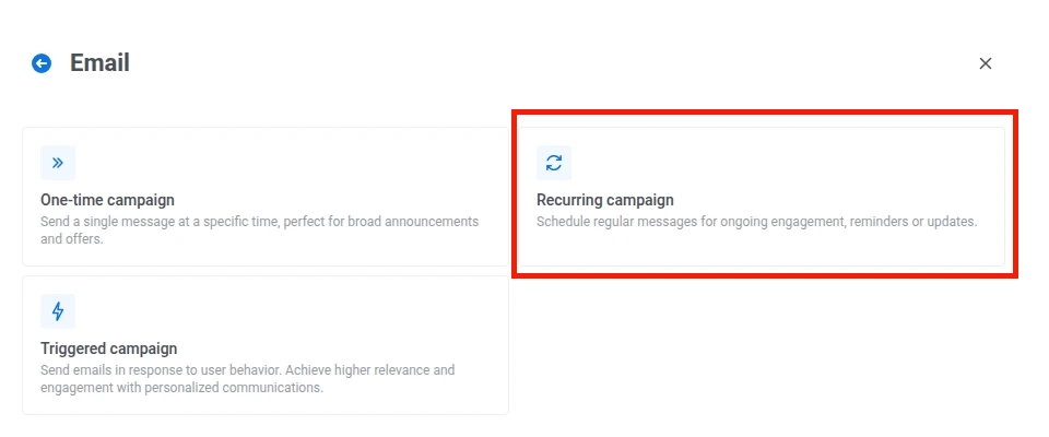 Email campaign type picker with One-time campaign, Recurring campaign, and Triggered campaign options
