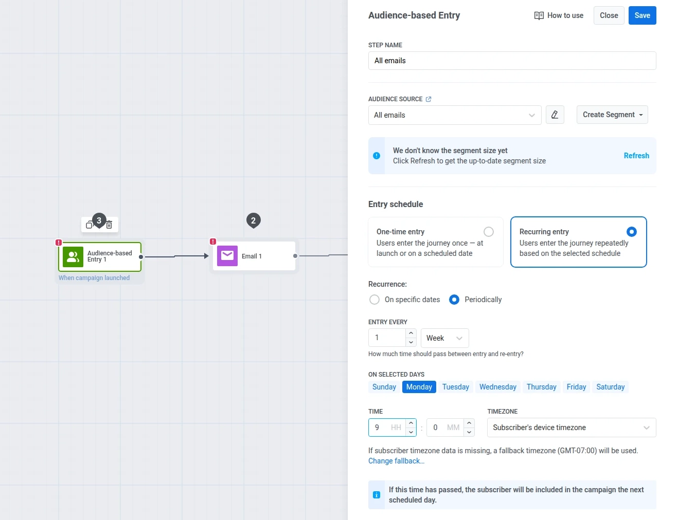 Audience-based Entry element configured with a recurring weekly schedule: every 1 week, Monday, at 9