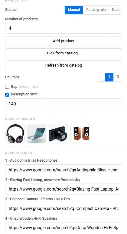 Product images thumbnails and Product links fields for four electronics products: headphones, a laptop, a camera, and speakers