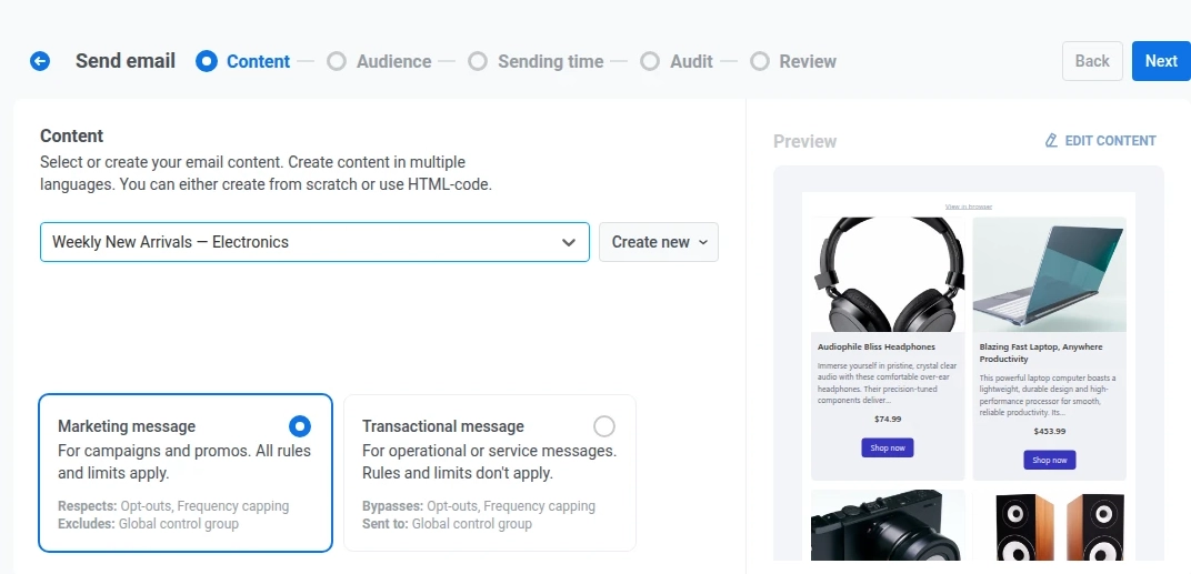 One-time email Content step with the Weekly New Arrivals Electronics email selected and a preview showing four real catalog product cards
