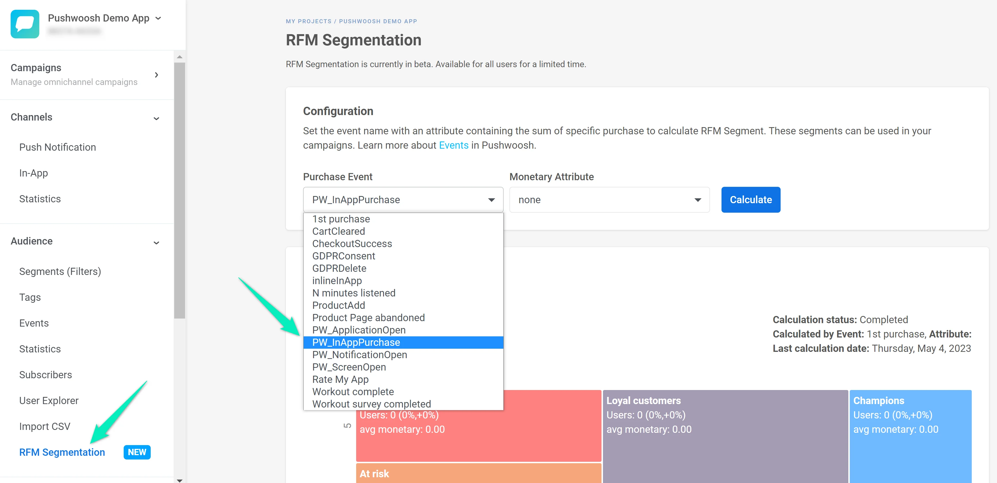 Seção de segmentação RFM mostrando segmentos de clientes do evento padrão PW_InAppPurchase