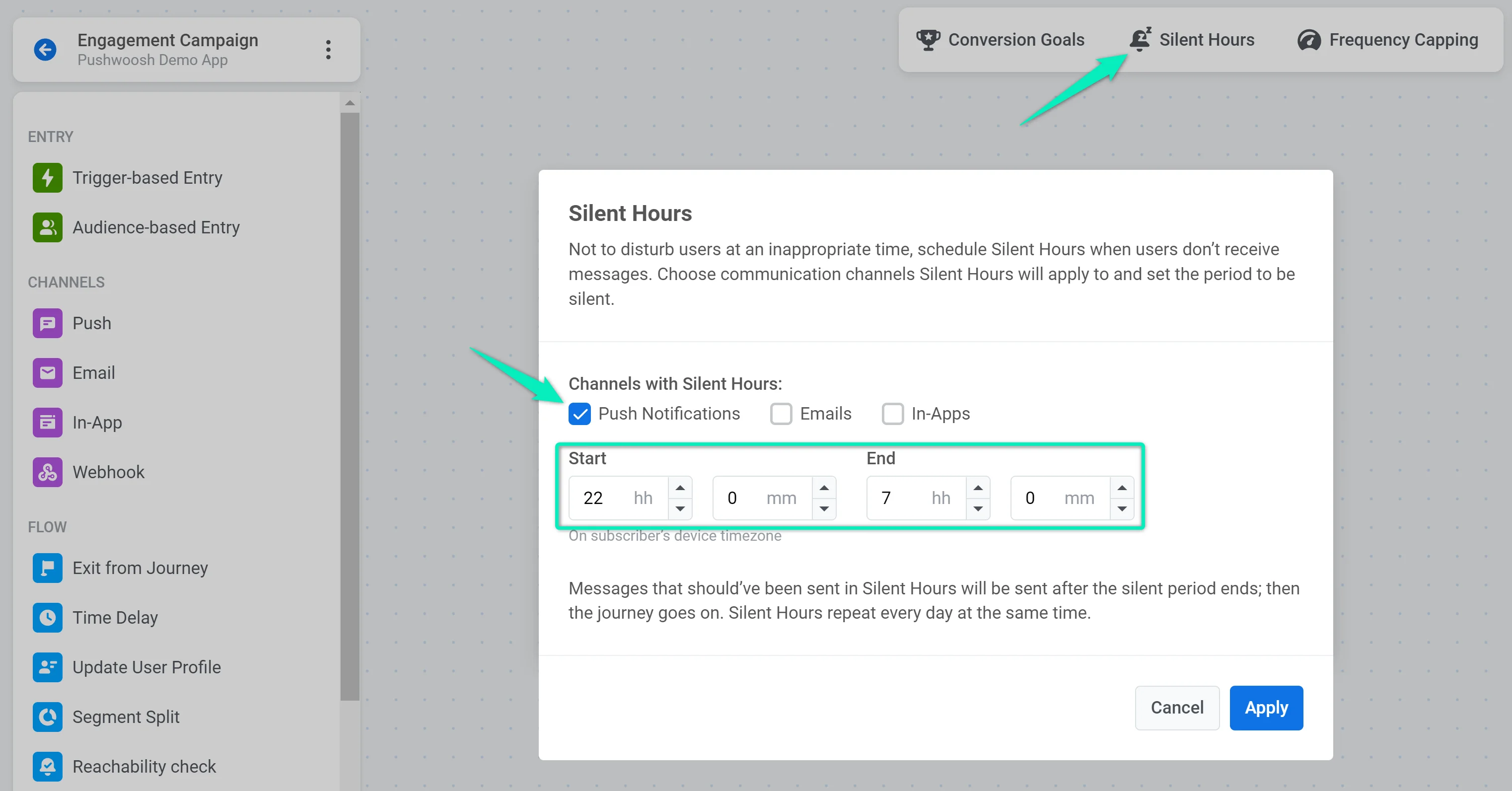 Configuração de Horas de Silêncio impedindo notificações durante horários de audição inativos
