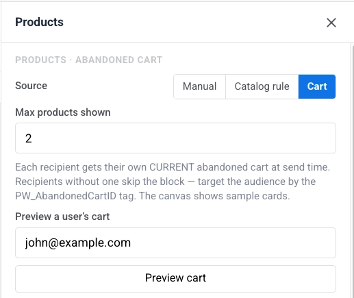 Products block settings with Source set to Cart and Max products shown