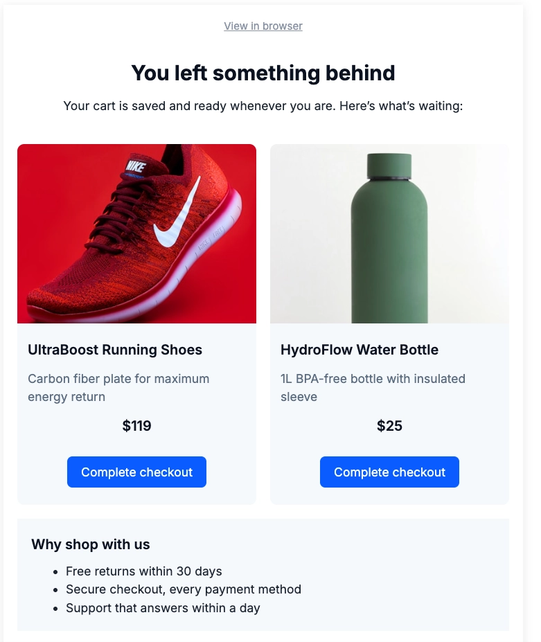 Products block on the email canvas with card template and grid style settings