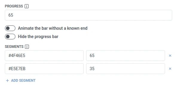 Progress مضبوط على 65، ومفتاحا Animate the bar وHide the progress bar متوقفان، ومقطعان معبآن في Segments