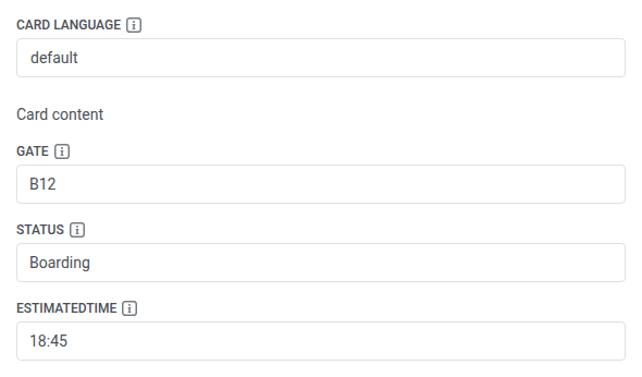 Card language مضبوط على default، وحقول Card content: gate وstatus وestimatedTime معبأة لعنصر Start