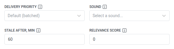 حقول Delivery priority وSound وStale after وRelevance score على عنصر Start