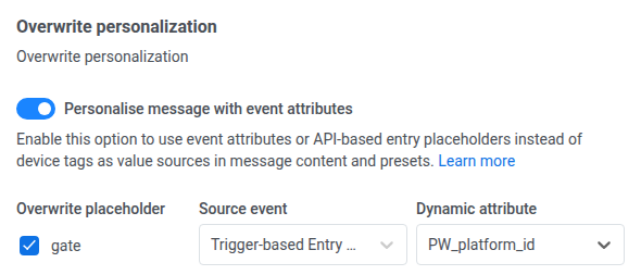 كتلة Overwrite personalization مع تفعيل مفتاح Personalise message with event attributes
