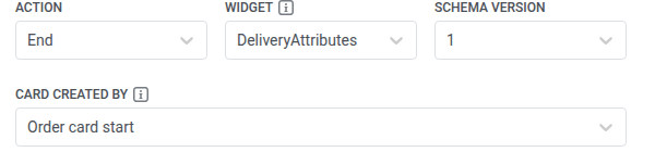 Order card end with Action set to End, the same Widget and Schema version selected, and Card created by set to Order card start