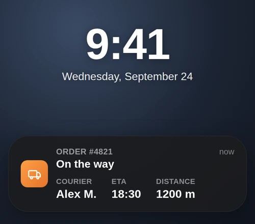 Lock-screen Live Activity card after order placed showing courier Alex M., ETA 18, and distance 1200 meters