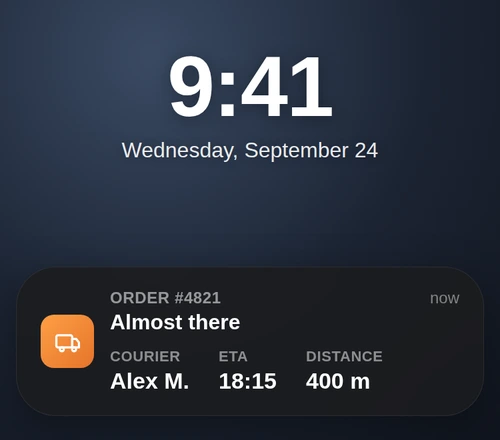 Lock-screen Live Activity card after a courier update showing ETA 18 and distance 400 meters