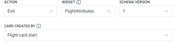 Flight card end with Action set to End, the same Widget and Schema version selected, and Card created by set to Flight card start
