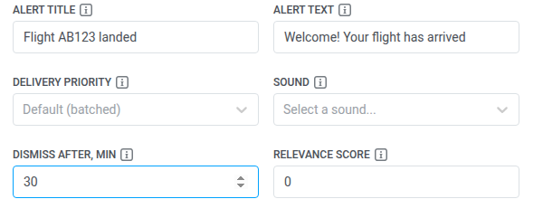Alert fields and Dismiss after, min on the Flight card end element