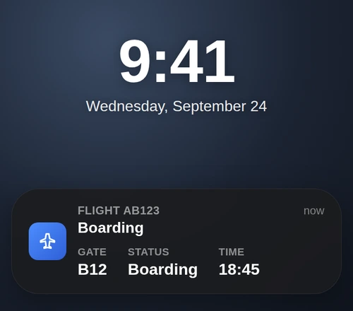 Lock-screen Live Activity card after check-in showing gate B12, Boarding, and estimated time 18