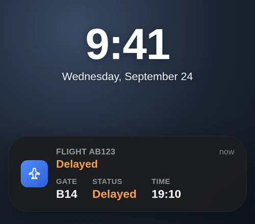 Lock-screen Live Activity card after a status change showing gate B14, Delayed, and estimated time 19