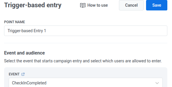 Trigger-based entry panel with EVENT set to CheckInCompleted