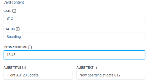 Card content fields gate, status, and estimatedTime filled in, with alert fields below