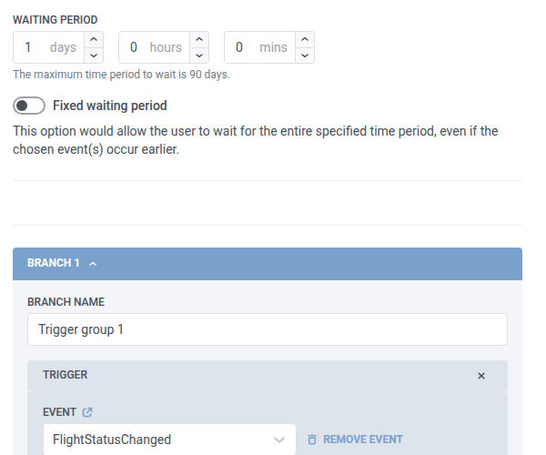 Wait for Trigger set to FlightStatusChanged with a waiting period