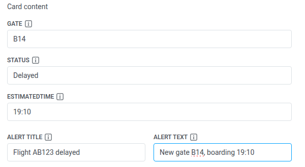 Card content fields updated on the Flight card update element