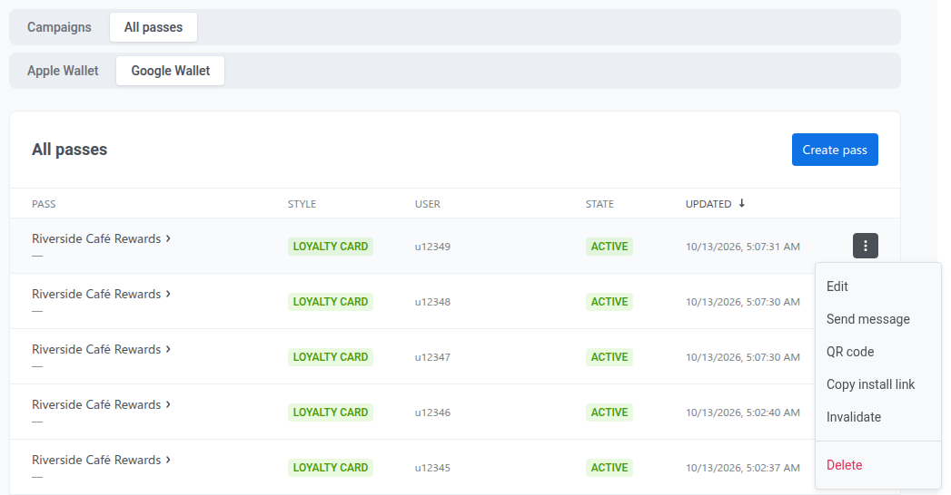 All passes tab with Google Wallet selected and the actions menu (⋮) open on a pass row, showing Edit, Send message, QR code, Copy install link, Invalidate, and Delete