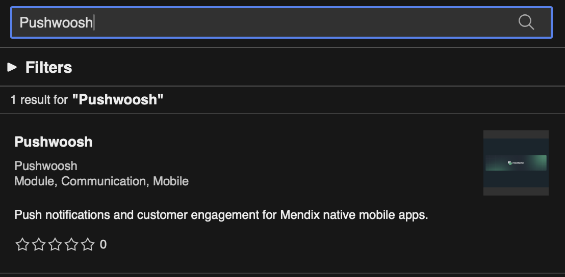 The Marketplace panel in Studio Pro with one search result for Pushwoosh