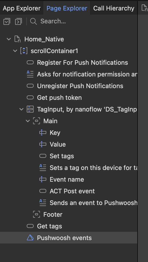 The Page Explorer in Studio Pro showing the Pushwoosh events widget on the home page