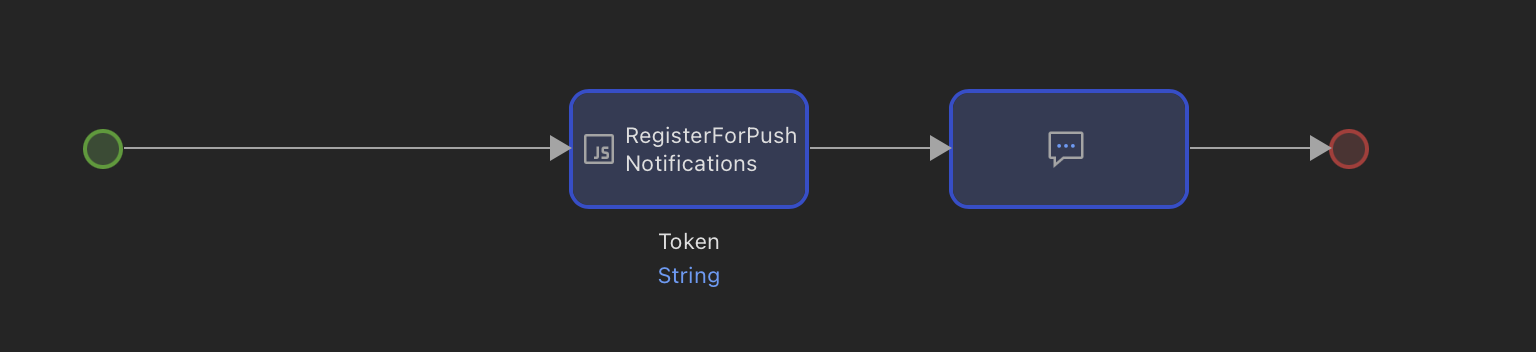 A nanoflow calling RegisterForPushNotifications and showing the returned push token