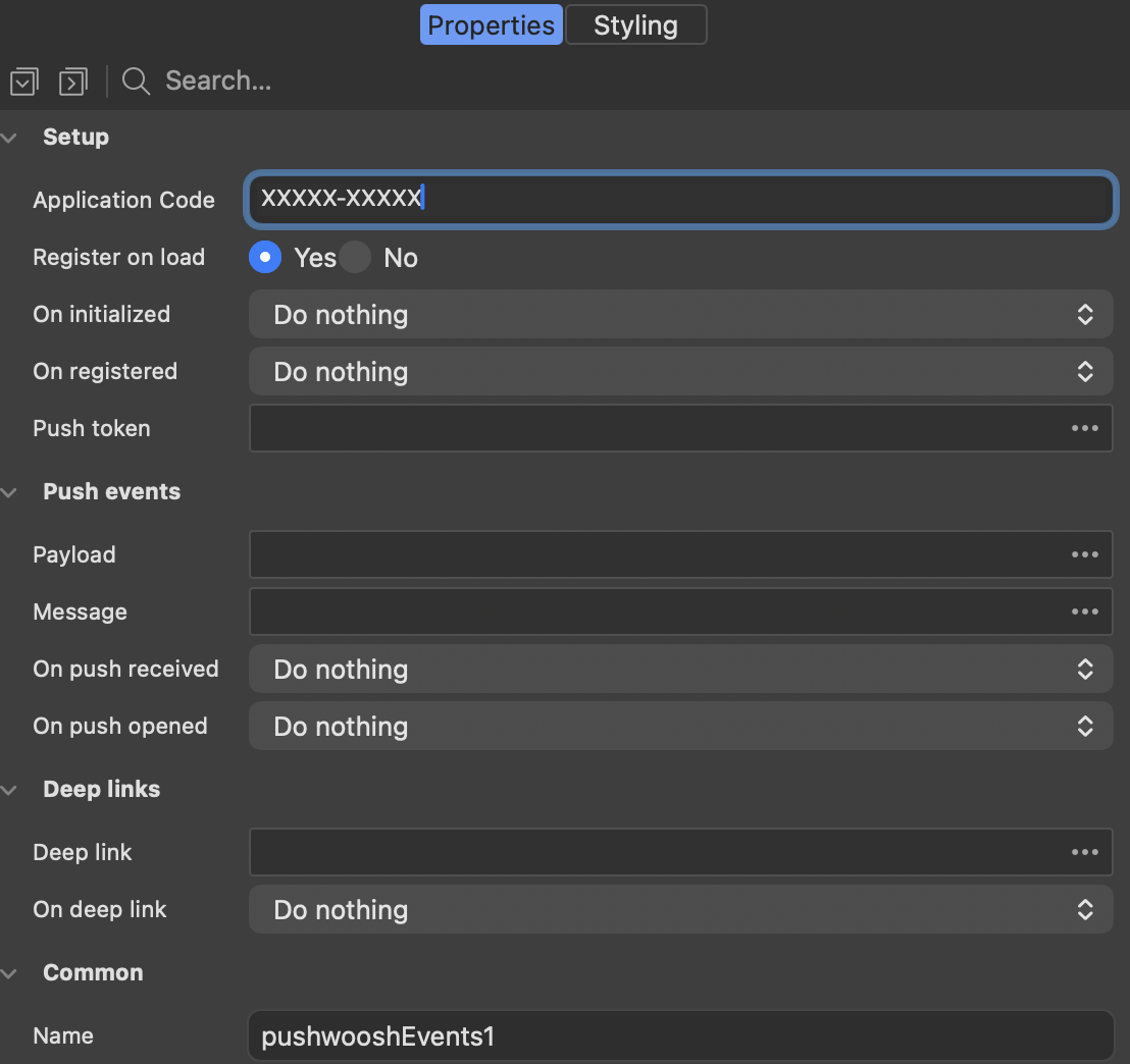 The properties pane of the Pushwoosh events widget, with the Setup, Push events and Deep links groups