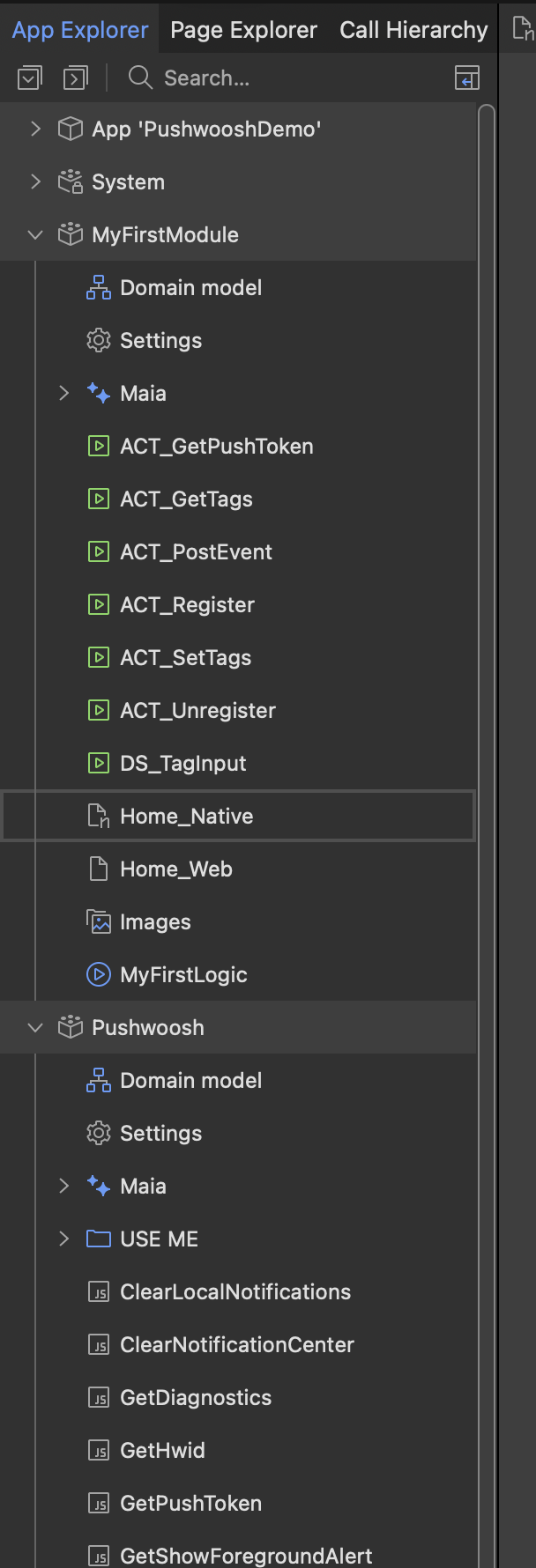 The App Explorer in Studio Pro showing the Pushwoosh module and its JavaScript actions alongside the demo nanoflows