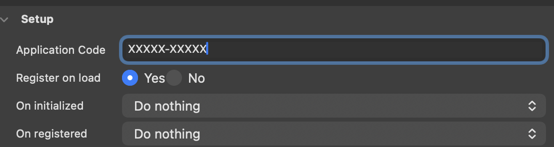 The Setup properties of the Pushwoosh events widget, with the Application Code filled in