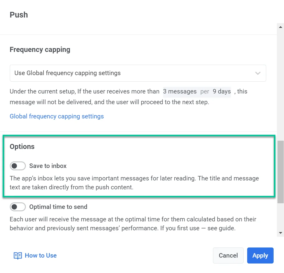 Captura de pantalla que muestra el interruptor de Guardar en la bandeja de entrada en la configuración de notificaciones push