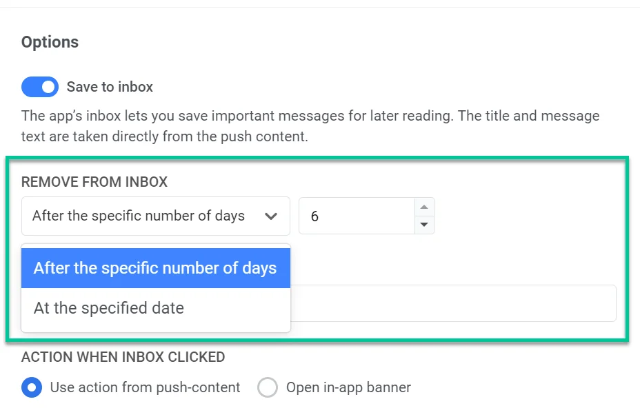 Captura de pantalla que muestra el menú desplegable Eliminar de la bandeja de entrada con las opciones del período de retención