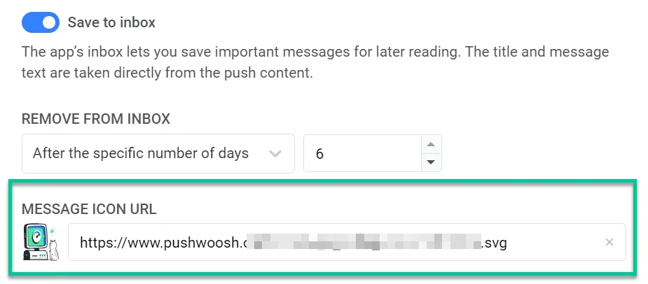 Captura de pantalla que muestra el campo URL del icono para personalizar la apariencia del mensaje en la bandeja de entrada