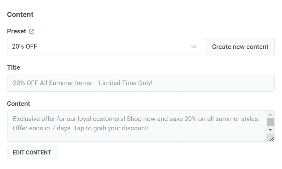 Captura de pantalla que muestra el formulario de contenido de la notificación push con el título y el texto del mensaje promocional