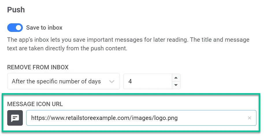 Captura de pantalla que muestra el campo de URL de icono personalizado con el logotipo de la tienda para la marca del mensaje en la bandeja de entrada