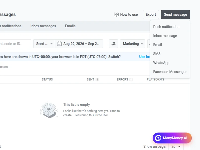 Send message dropdown on One-time messages showing Inbox message between Push notification and Email