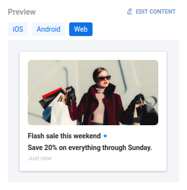 แผง Preview ที่เลือก Web แสดงข้อความ Weekend flash sale เป็นเซลล์วิดเจ็ต inbox ของ Web SDK