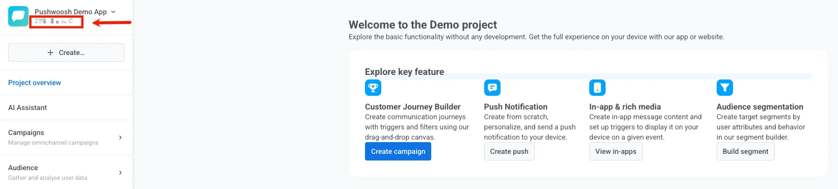 Pushwoosh application code displayed in the Control Panel at the top left corner