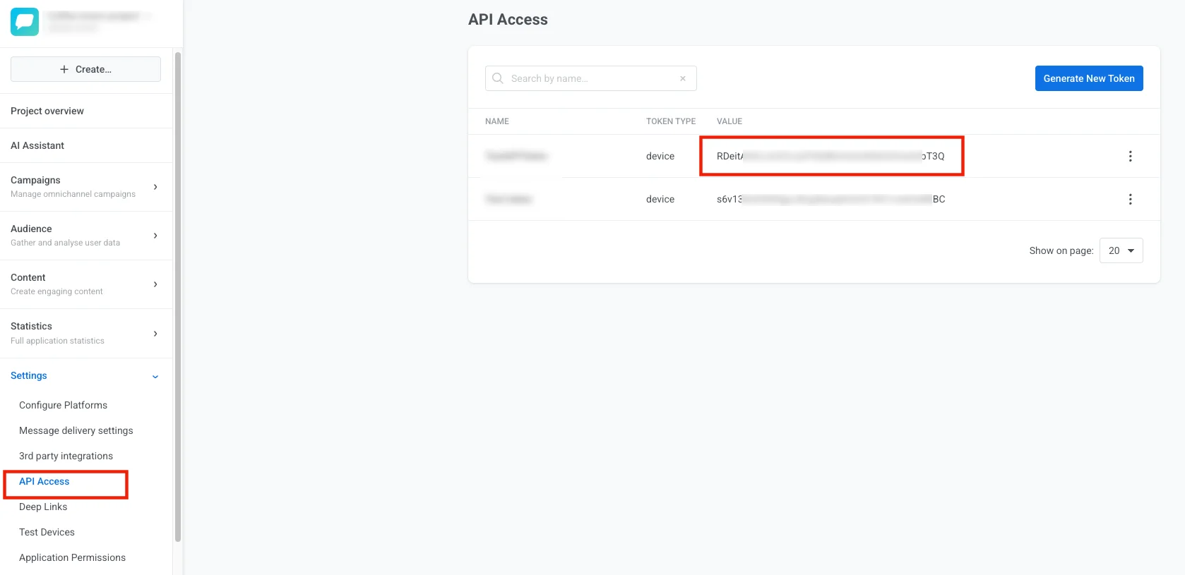 API Access settings page in Pushwoosh Control Panel showing API access tokens