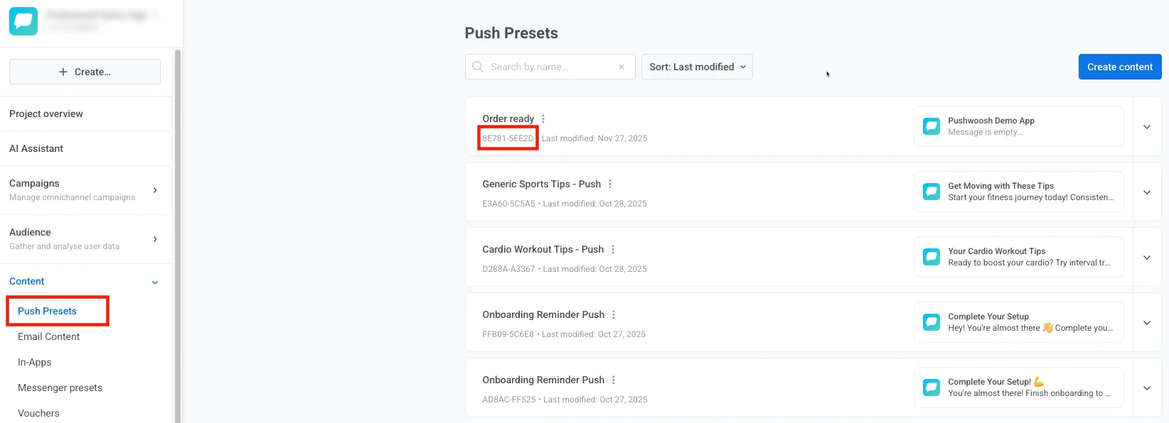 Presets list in Content section showing Preset Code