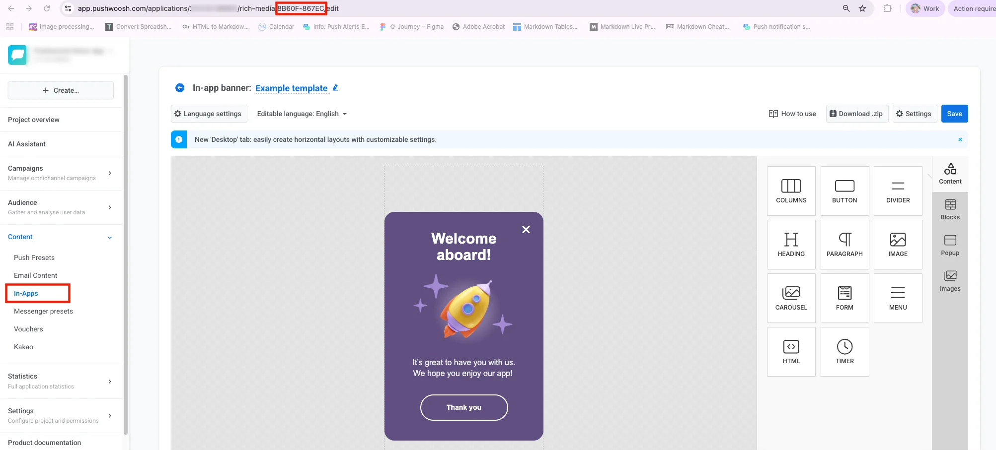 Rich Media page in Content section with Rich Media code in the browser URL bar