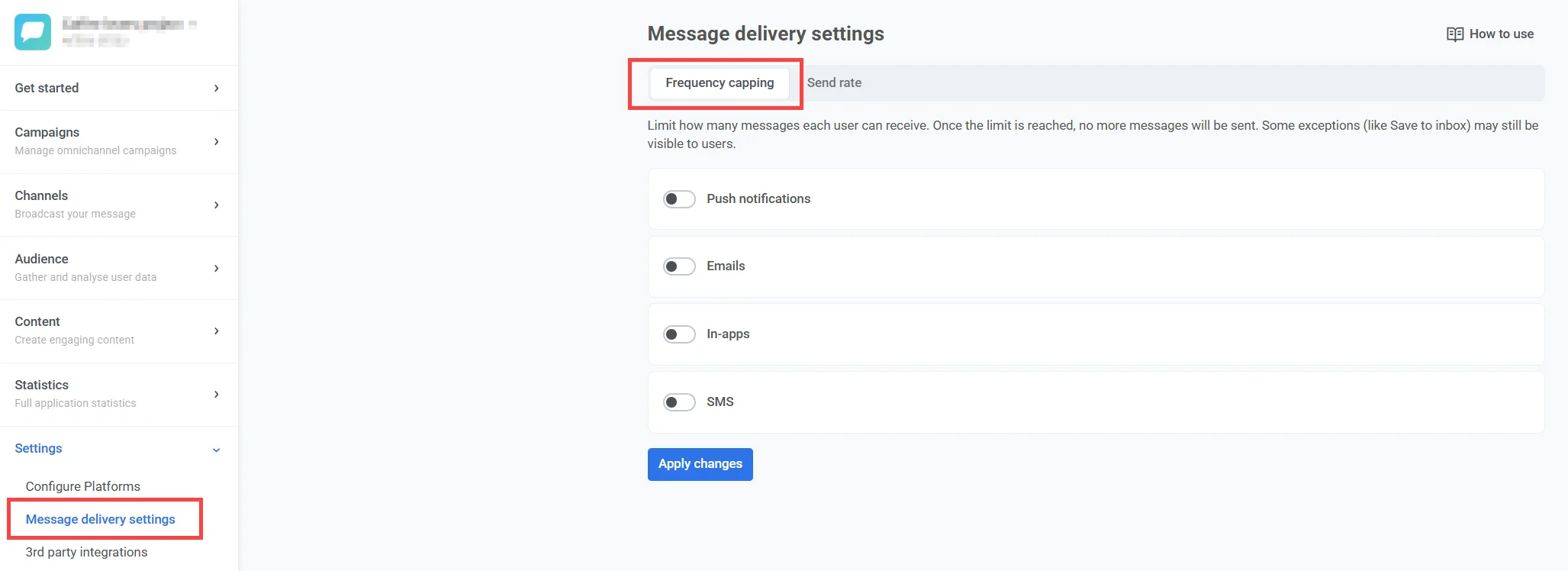 메시지 전송 설정의 빈도 제한 설정 탭