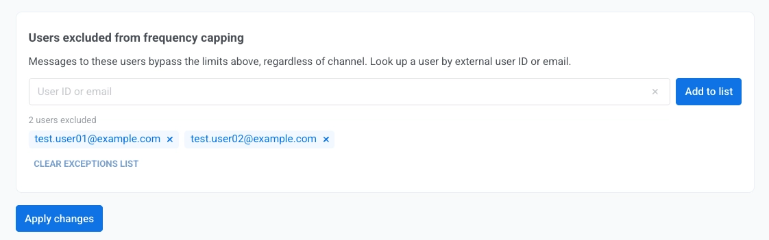 ส่วนผู้ใช้ที่ยกเว้นจากการจำกัดความถี่พร้อมช่อง User ID หรืออีเมลและปุ่ม Add to list